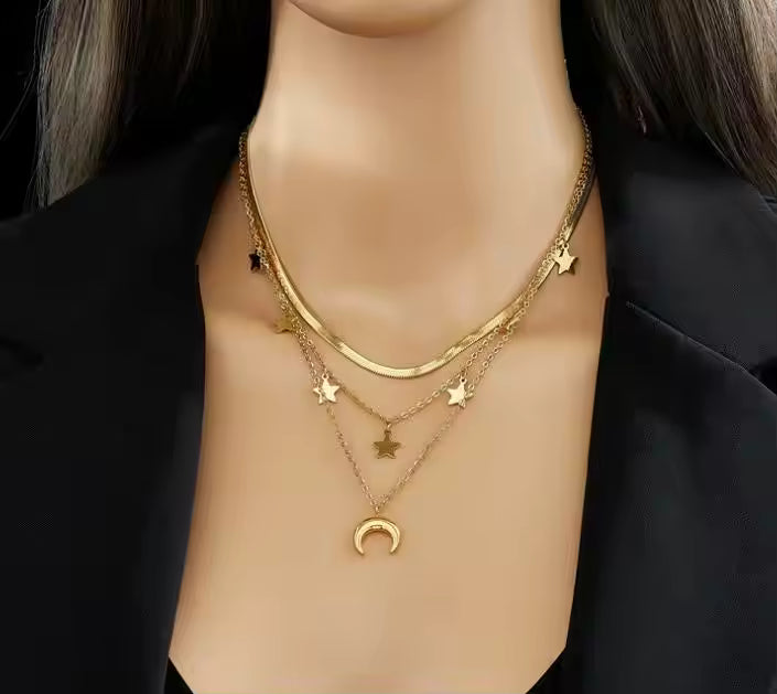 Three Layers Star Moon Pendant Necklace