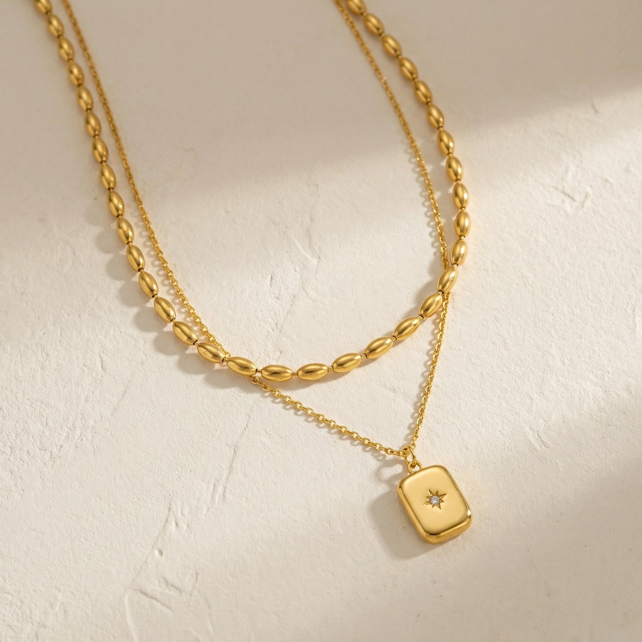 Double Layer Bead Cuban Square Star Necklace