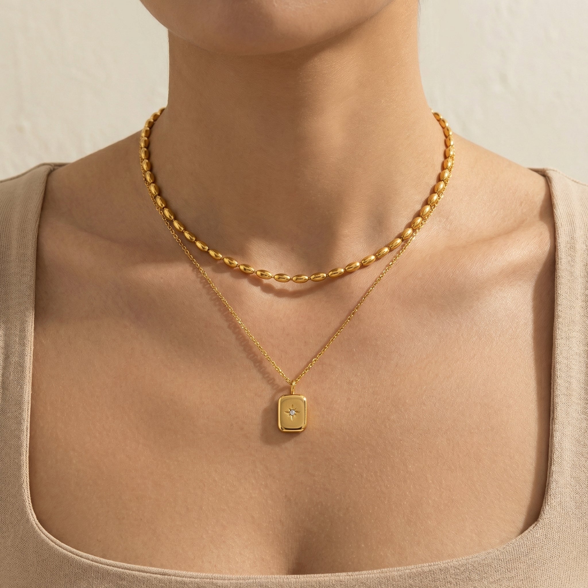 Double Layer Bead Cuban Square Star Necklace
