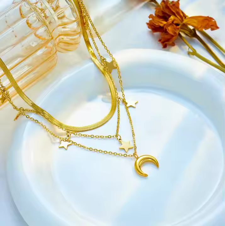 Three Layers Star Moon Pendant Necklace