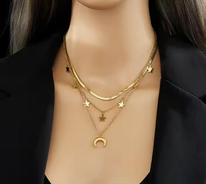 Three Layers Star Moon Pendant Necklace