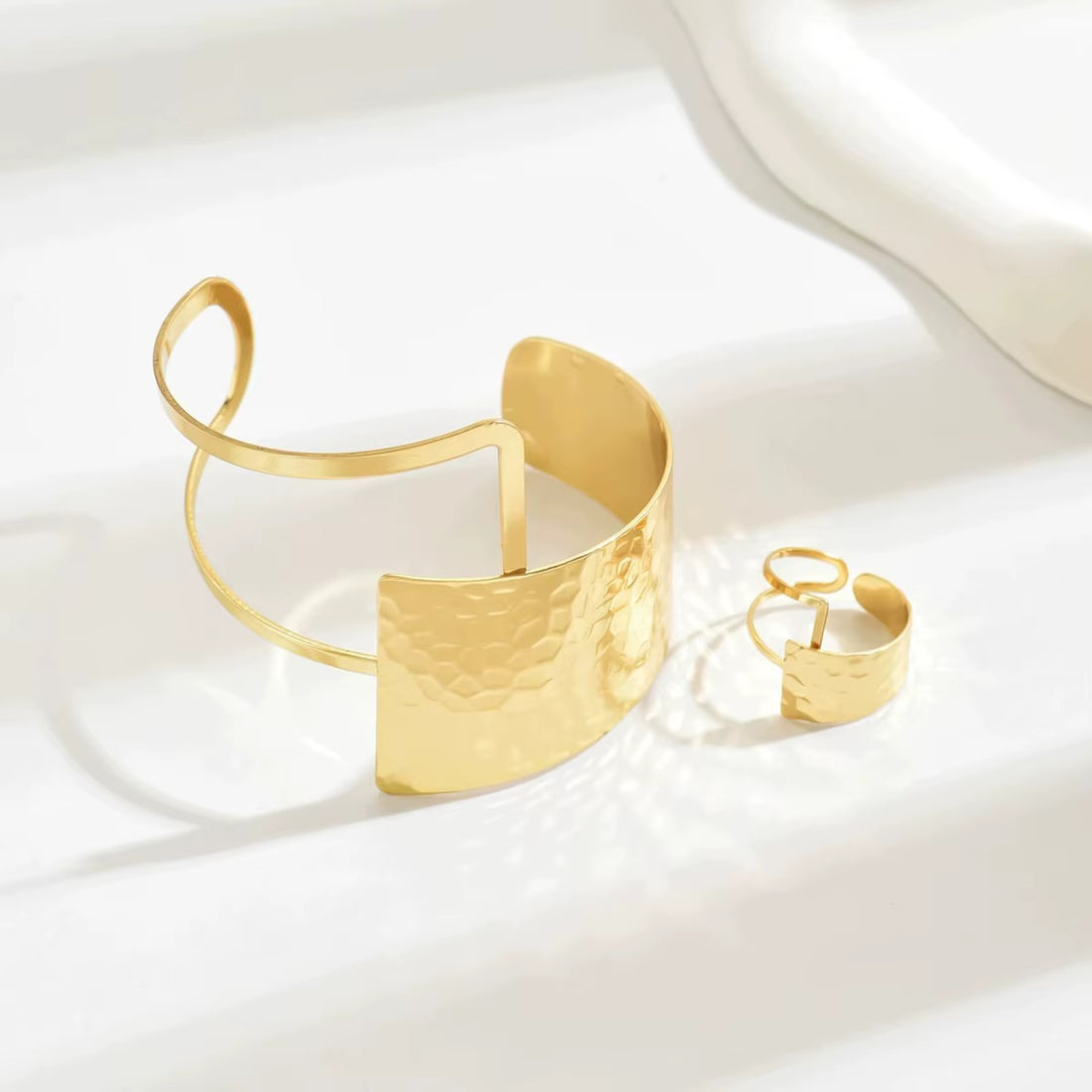 Irregular Geometry Cuff Bracelet Ring Set