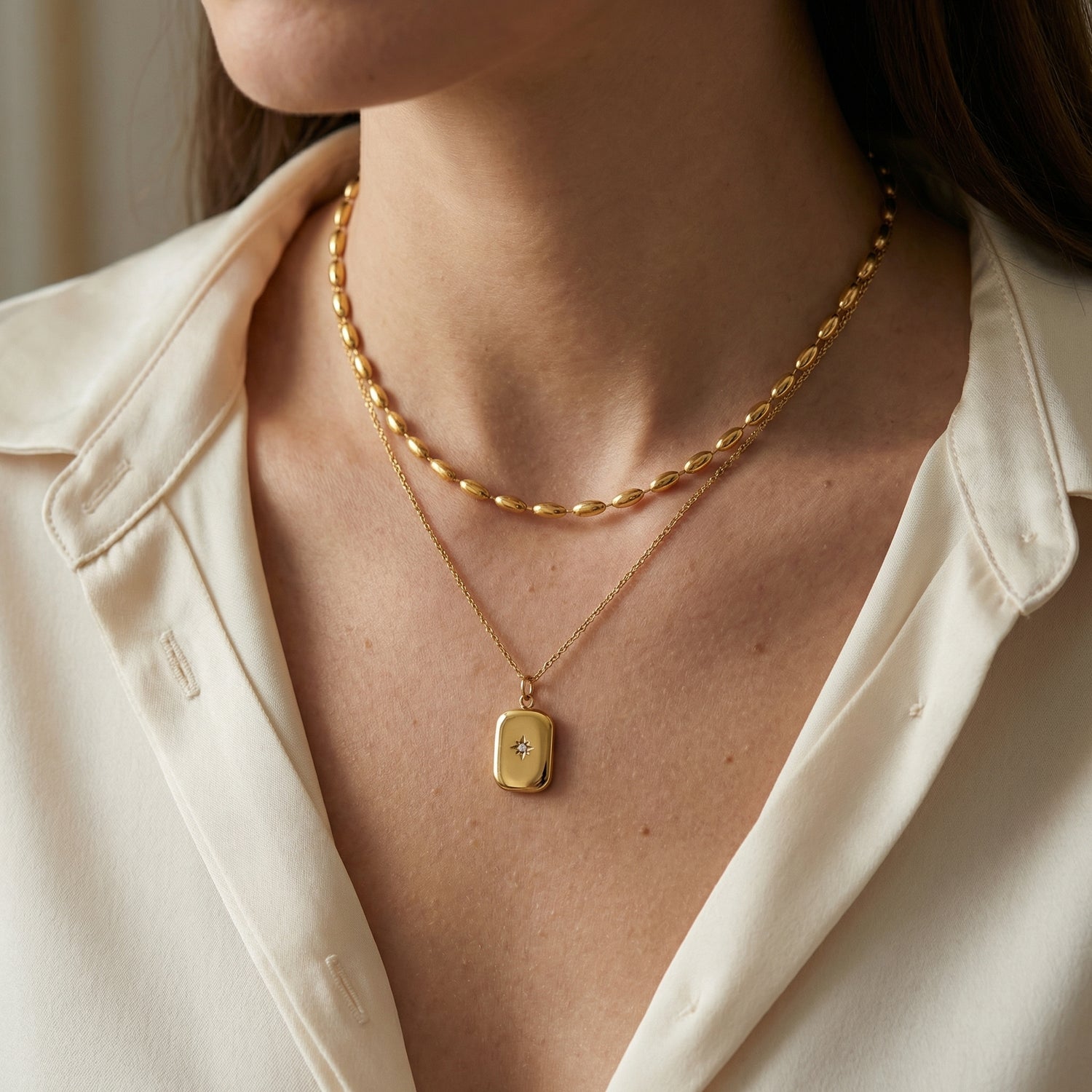 Double Layer Bead Cuban Square Star Necklace