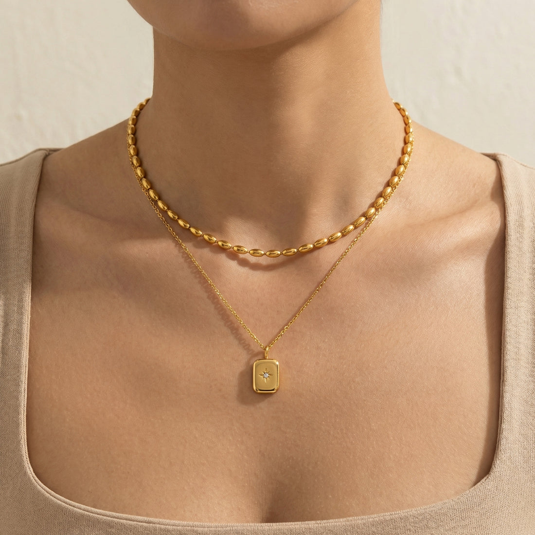 Double Layer Bead Cuban Square Star Necklace