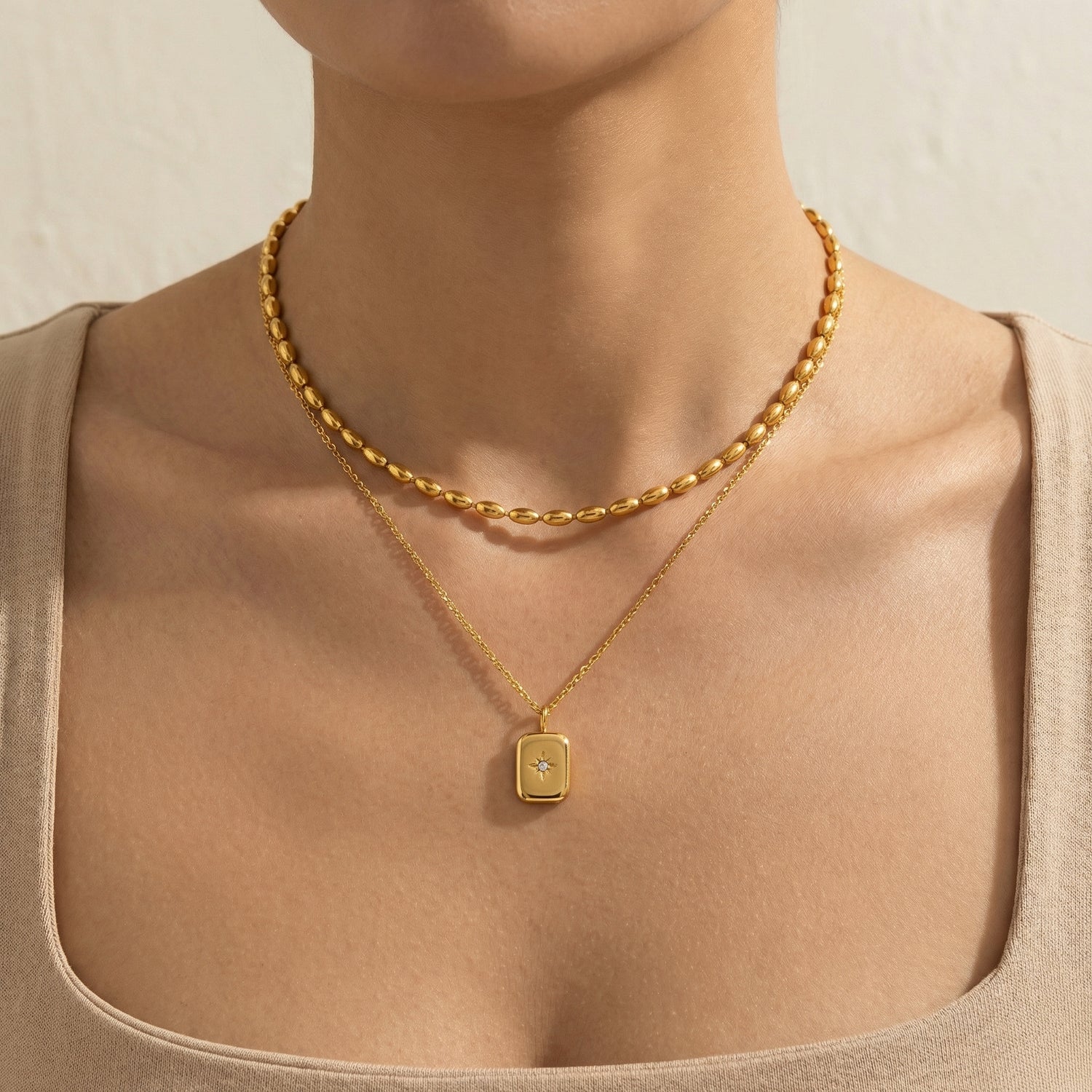 Double Layer Bead Cuban Square Star Necklace