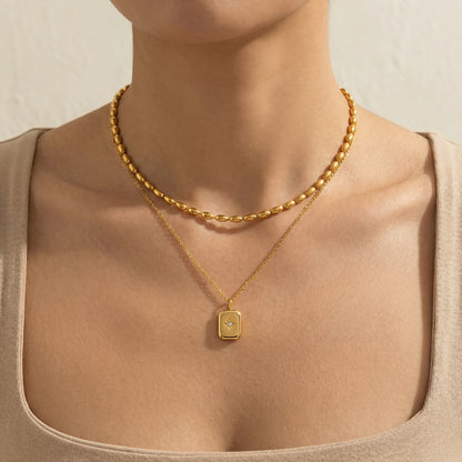 Double Layer Bead Cuban Square Star Necklace