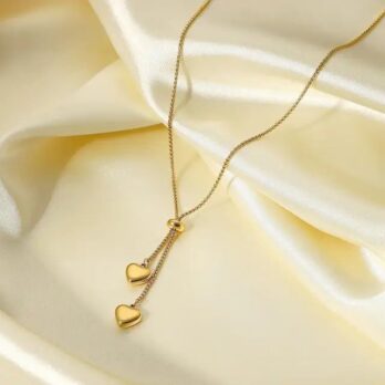 Double Heart Charm Lariat Pendant Necklace