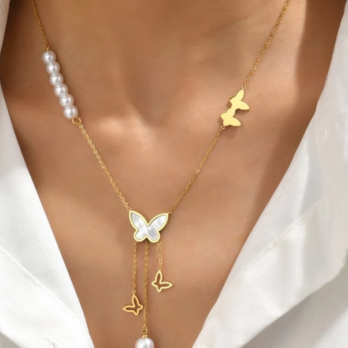 Butterfly & Faux Pearl Charm Necklace