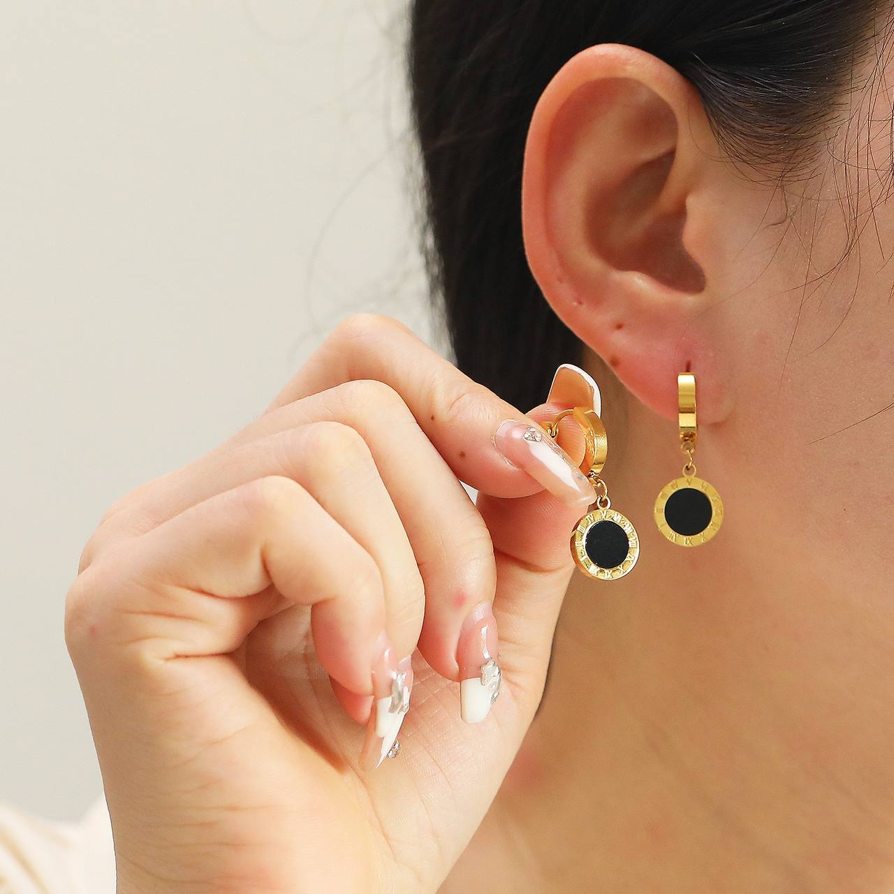 Roman Numeral Onyx Drop Earrings - Image 2