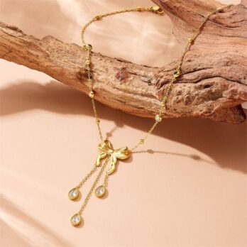Bow Pendant Tassel CZ Chain Necklace