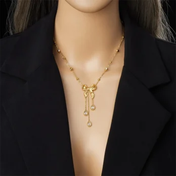 Bow Pendant Tassel CZ Chain Necklace