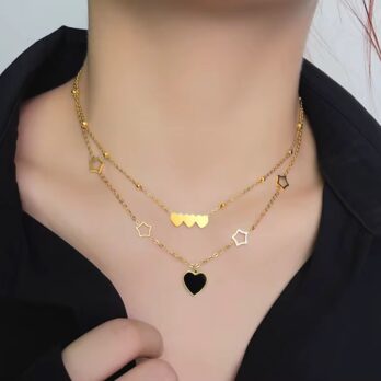 Double Layers Hollow Stars Black Heart Necklace