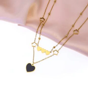 Double Layers Hollow Stars Black Heart Necklace