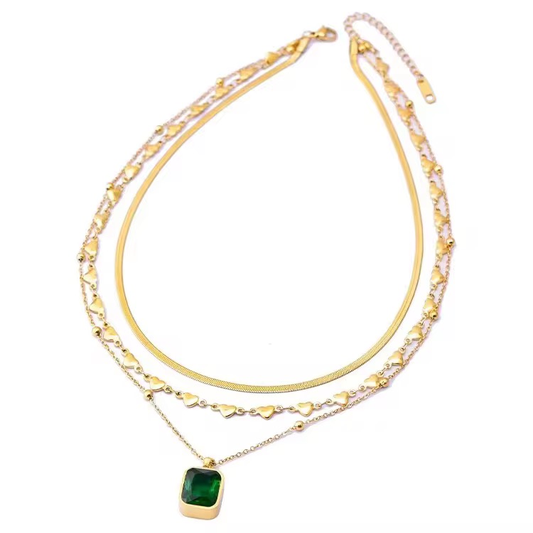 Three Layers Emerald Zircon Necklace - Image 3