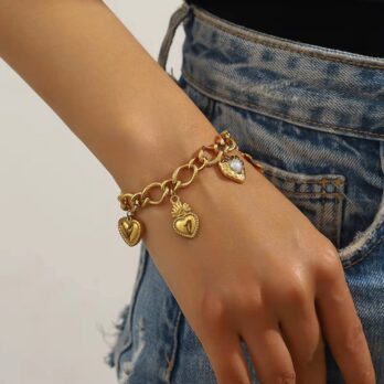 O Chain Flower Heart Cuban Link Bracelet