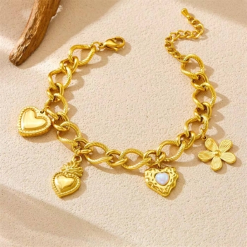 O Chain Flower Heart Cuban Link Bracelet