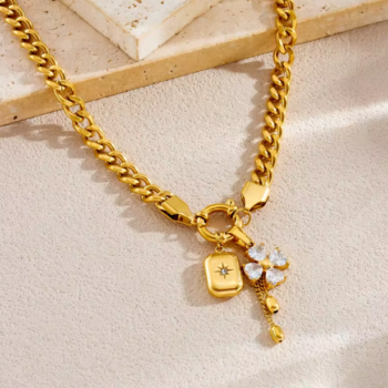 Diamond-Studded Flower Star Square Pendant Tassel Necklace