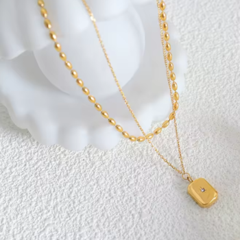 Double Layer Bead Cuban Square Star Necklace