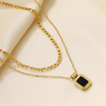 Black Square Pendant Double Cuban Link Necklace